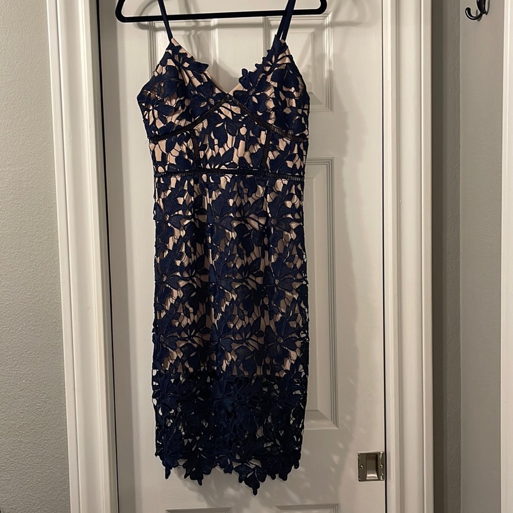 Navy lace dress with nude slip, medium.